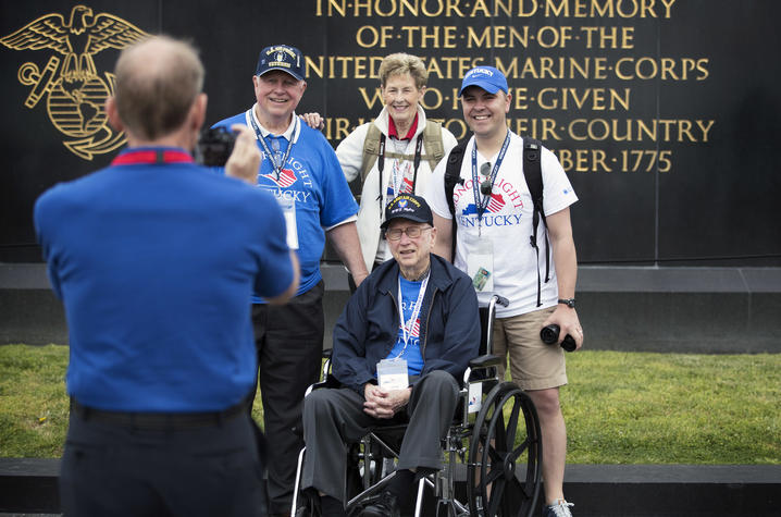 Photo of veterans and their guardians at the Iwo Jima Memorial.