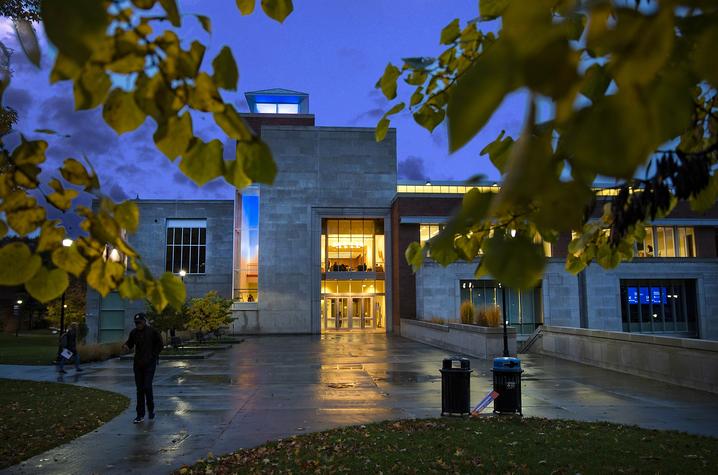 photo of Gatton College Building with blue light