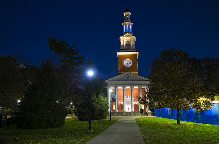photo of Memorial Hall with blue light