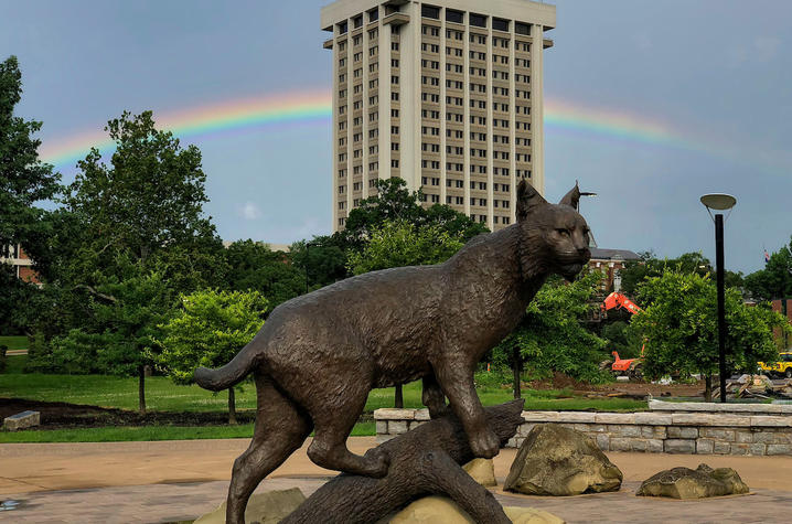 photo of Bowman statue with rainbow behind it 