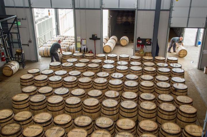 rows of white oak barrels