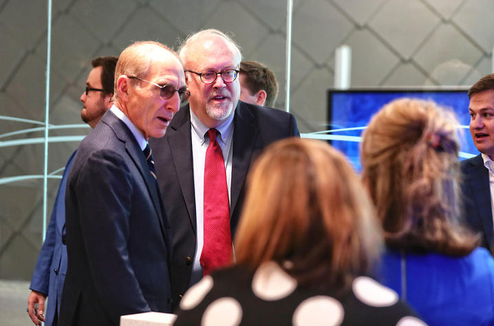 UK President Capilouto and alumni donor Jim Dinkle greet visitors to the new Dinkle-Mas Suite in LGBTQ* Resources