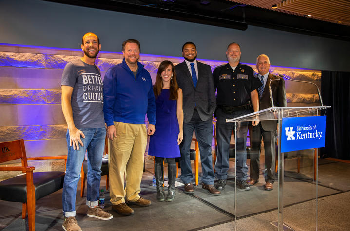 Participants in news conference about responsible drinking for UK-Georgia game.