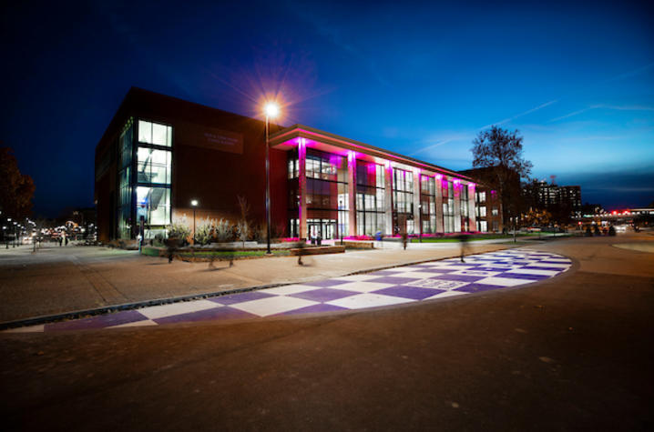Purple lights shining in the Jacobs Science Building.