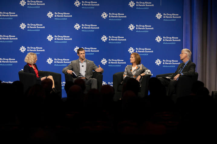 NIDA Director Nora Volkow, M.D., Voices of Hope founder Alex Elswick, CDAR director Sharon Walsh, Ph.D, and former NIH director Frances Collins, Ph.D. at the 2019 Rx Summit. UK Photo | Mark Cornelison