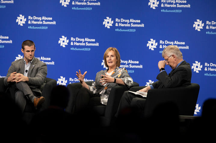 Voices of Hope founder Alex Elswick, CDAR director Sharon Walsh, Ph.D., and NIH director Frances Collins, Ph.D. at the 2019 Rx Summit. UK Photo | Mark Cornelison