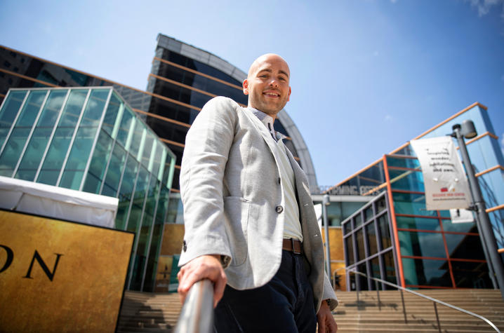 photo of Nick Covault in front of Kentucky Center