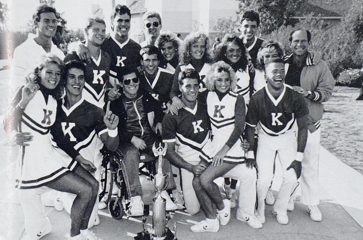 black and white photo of UK Cheerleaders from 1988 Kentuckian