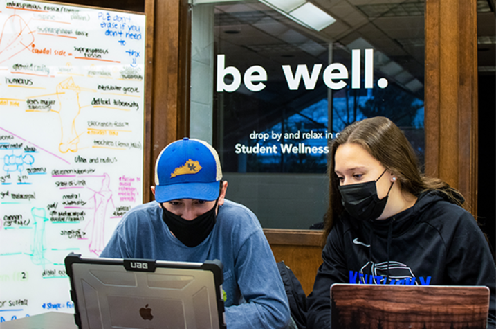 CAFE students Mason DiSalvo and Sierra Tichnell sit outside of the new student wellness room in Ag North. 