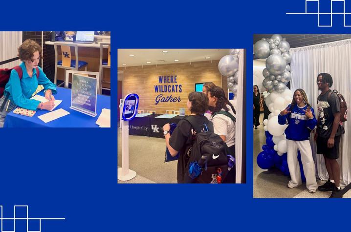 UK Hospitality Love at First Bite event Three photos on a blue background show people at an event, including a seated participant at a table, attendees gathered near a display, and two people standing beside a balloon decoration.