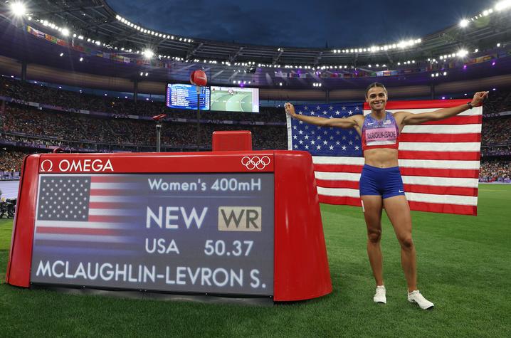 Sydney McLaughlin-Levrone repeated as 400-meter hurdles gold medalist in world-record time in Paris. Photo by Getty Images.