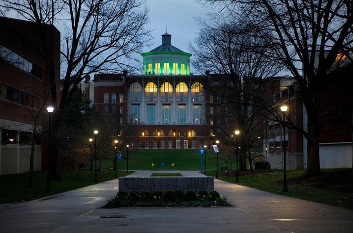 photo of W.T. Young Library lit in green