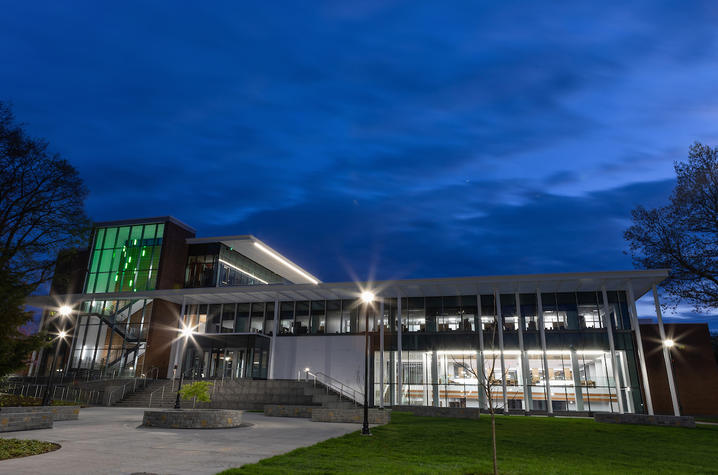 photo of law building lit green