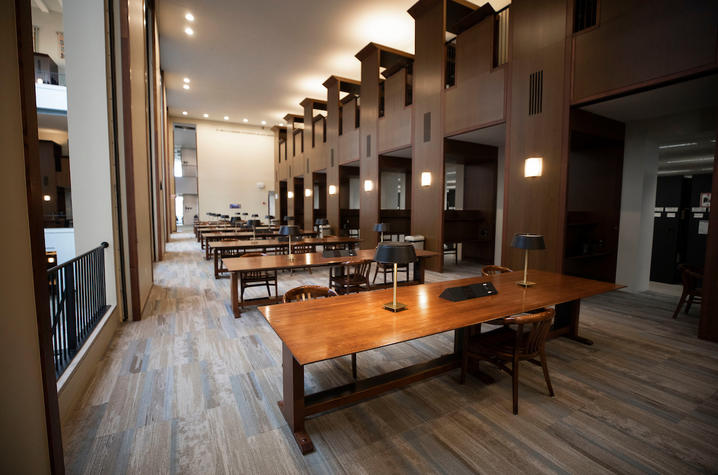 photo of Young Library tables with socially distanced chairs