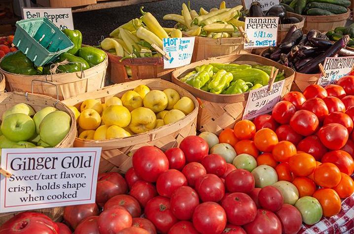 various types of produce with labels in baskets