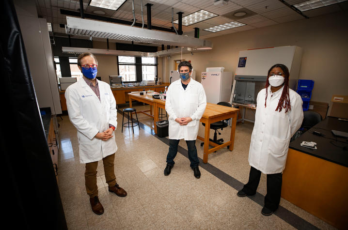 University of Kentucky researchers James Keck, Scott Berry and Shakira Hobbs are testing a new technology to evaluate wastewater to track community presence of COVID-19. Pete Comparoni | UK Photo.