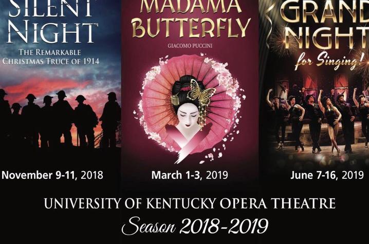 photo of posters for 3 2018-19 UK Opera Theatre shows - Silent Night, Madama Butterfly & Grand Night