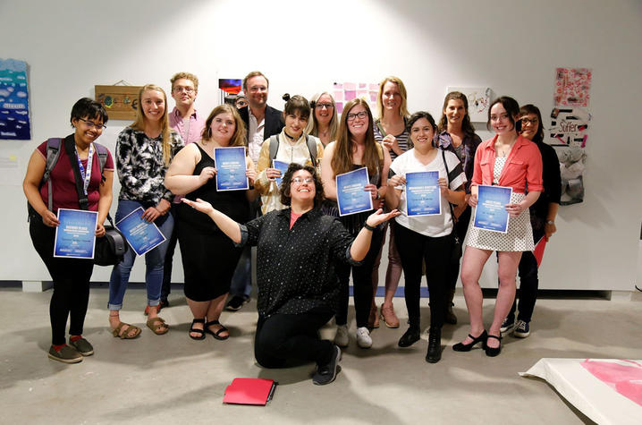 photo of award winners with faculty and artist Jessica Burke at 2019 Foundations show