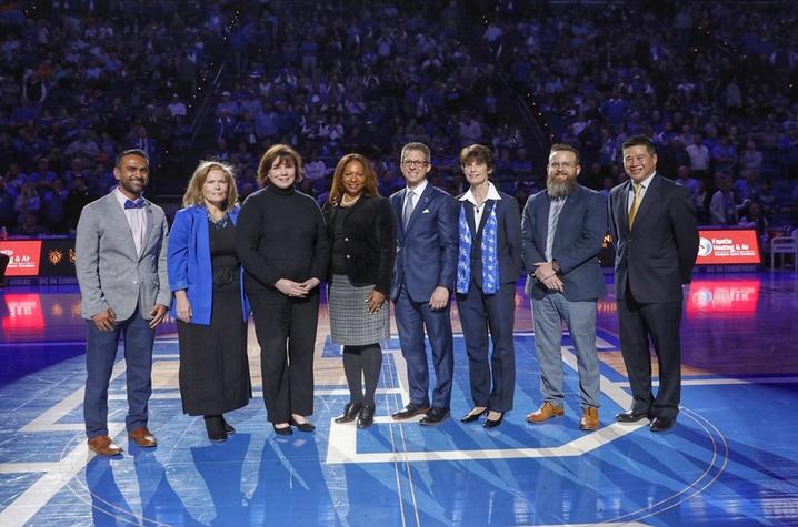 photo of the 2020 Great Teachers introduced during a UK basketball game at Rupp Arena.