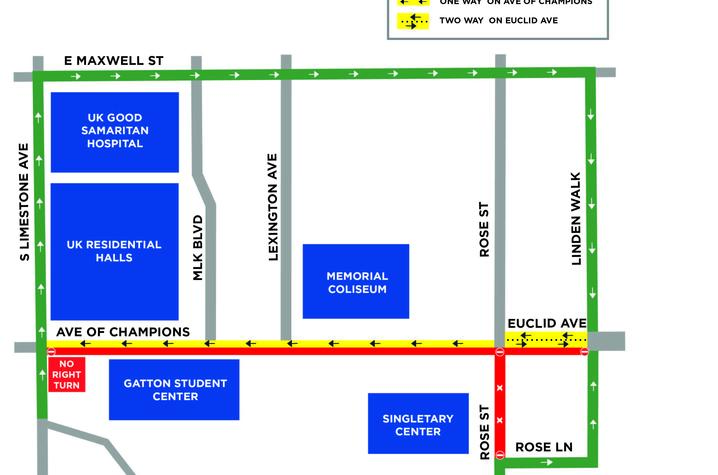 map of Avenue of Champions and Rose Street vicinity with closures and traffic pattern