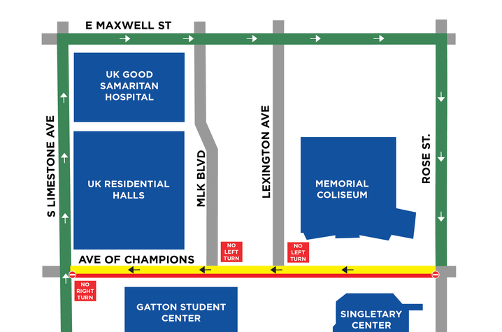 map showing one way of Avenue of Champions