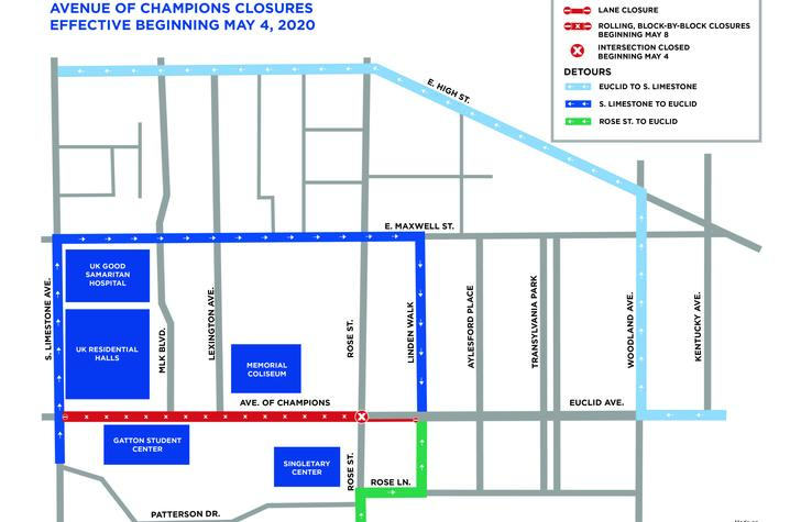 a map of road closures in the Avenue of Champions and Rose Street area.