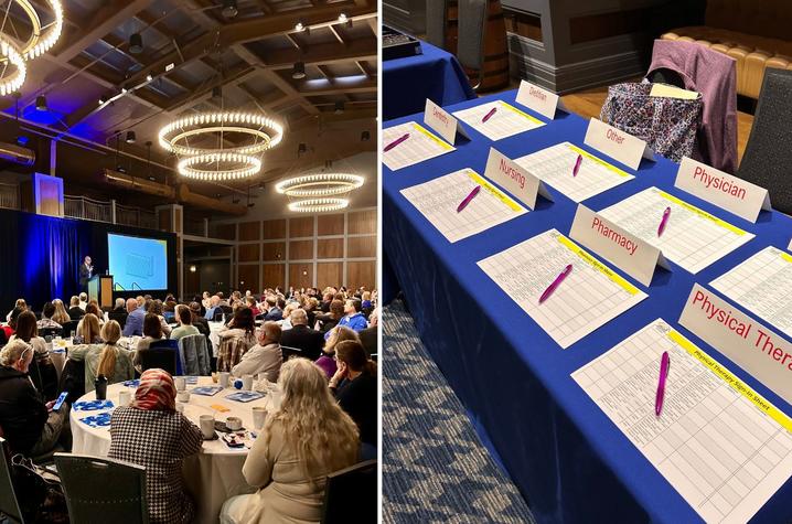 Vanderbilt University School of Medicine's Bill Cutrer (left) presented at the 30th annual UK Voluntary Faculty Program conference. Various UK colleges and programs were represented (right) at the conference. Photos provided.