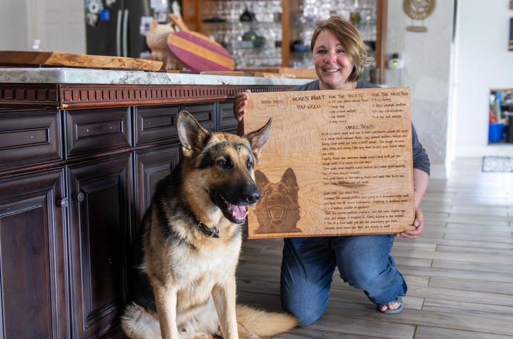 Rhea has started her own woodworking business, Blind Design. She made this cutting board and engraved it with a dog biscuit recipe and a photo of her Seeing Eye guide dog, Kale. Hilary Brown | UK Public Relations 