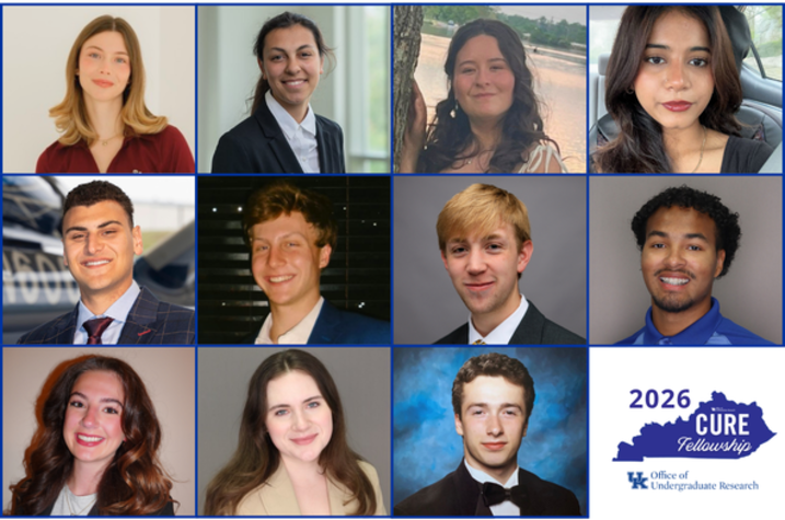 Photo of CURE fellowship winners Grid of 11 individual head-and-shoulders portraits arranged in three rows, showing students against varied indoor and outdoor backgrounds. A graphic in the lower-right corner reads ‘2026 CURE Fellowship’