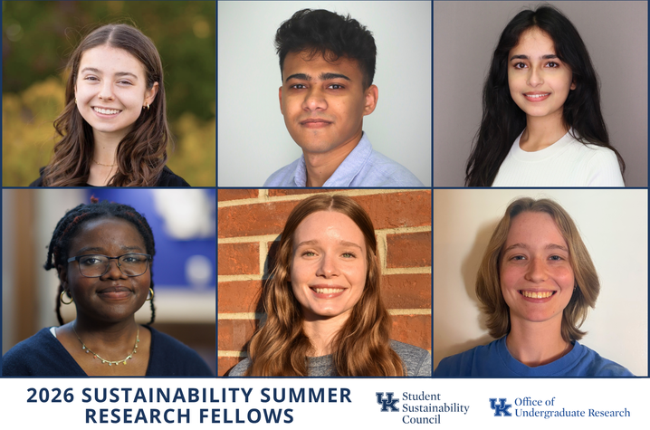 photo of 2026 Sustainability Research Fellows Grid of six head-and-shoulders portraits arranged in two rows of three, showing individuals photographed against a mix of indoor and outdoor backgrounds, including neutral backdrops, brick, and natural settings.