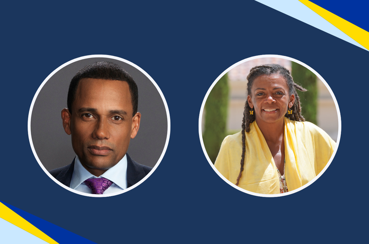 Two circular portrait photos displayed on a dark blue background with diagonal light blue, yellow and white accents. The left photo shows a person in formal attire, and the right photo shows a person wearing a light-colored top outdoors.
