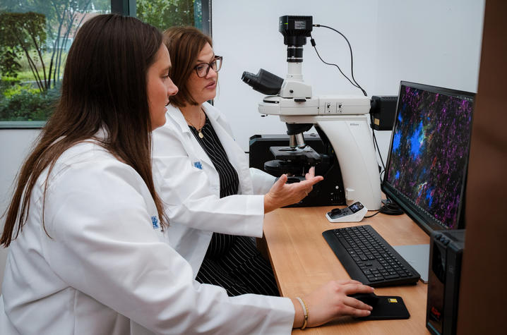 Looking inside Two researchers in lab coats examine colorful microscopic brain images displayed on a computer monitor beside a microscope.