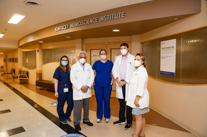 Members of the multiple sclerosis team outside of the Kentucky Neuroscience Institute on March 18, 2021. Photo by Pete Comparoni | UKphoto