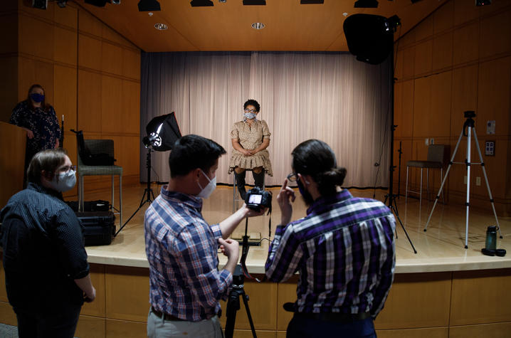 Team members on the set of some brain health videos they will be producing on April 23, 2021. Photo by Mark Cornelison | UKphoto