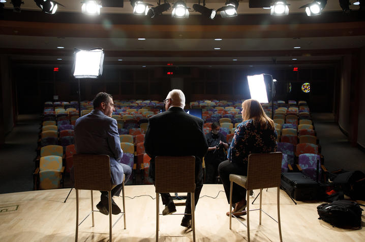 Dr. Peter Sawaya, nephrology, Dr. Greg Jicha of Sanders-Brown, and Allison Gibson, College of Social Work, on the set of some brain health training videos they will be producing on April 23, 2021. Photo by Mark Cornelison | UKphoto