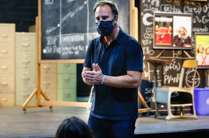 photo of Peter Allen Stone directing "The Thanksgiving Play" rehearsal