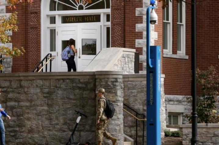 Photo of blue emergency tower on campus