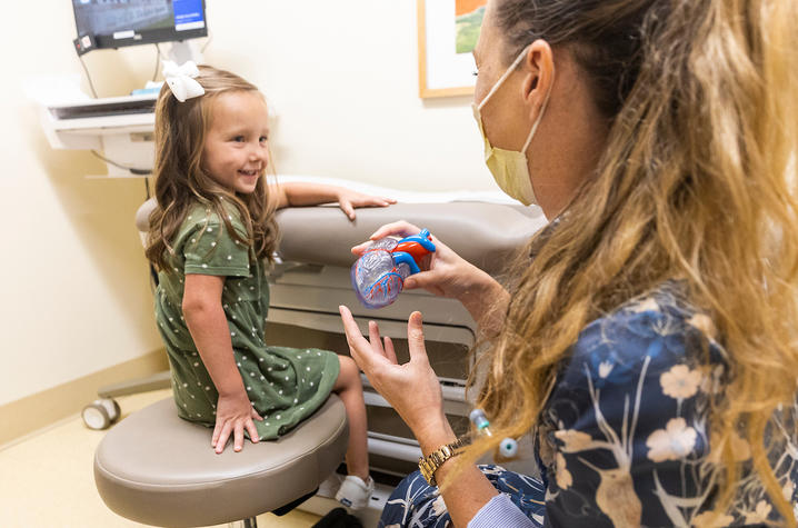 doctor showing a young girl a model of a heart