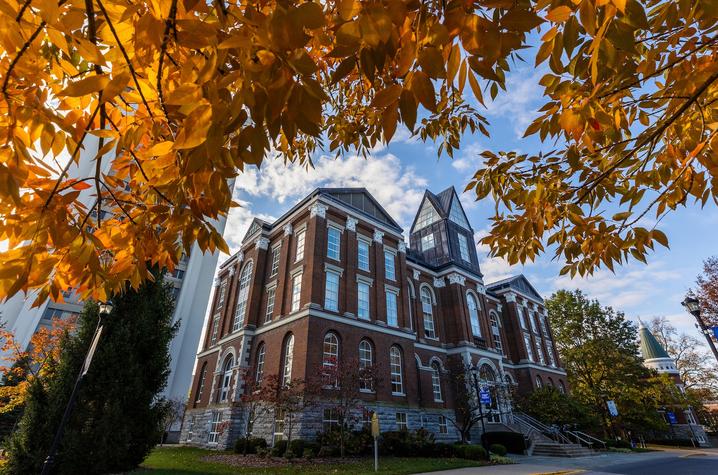 This is a photo of UK's Main Building, capture in the fall. 