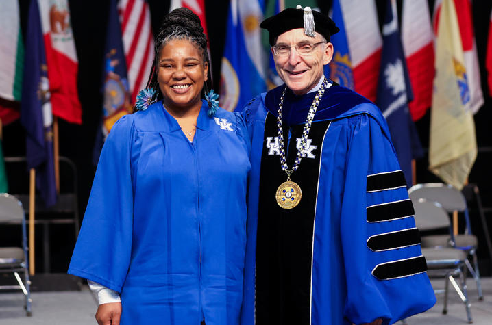 This is a photo of Deidra White (L) and UK President Eli Capilouto (R) at the Dec. 2023 Commencement.