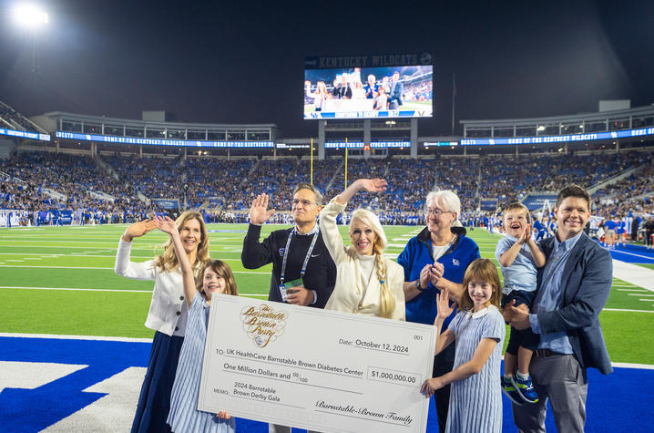 The Barnstable Brown family was recognized for the Gala's 2024 donation during the Kentucky-Vanderbilt football game at Kroger Field. Photo by Mark Mahan.