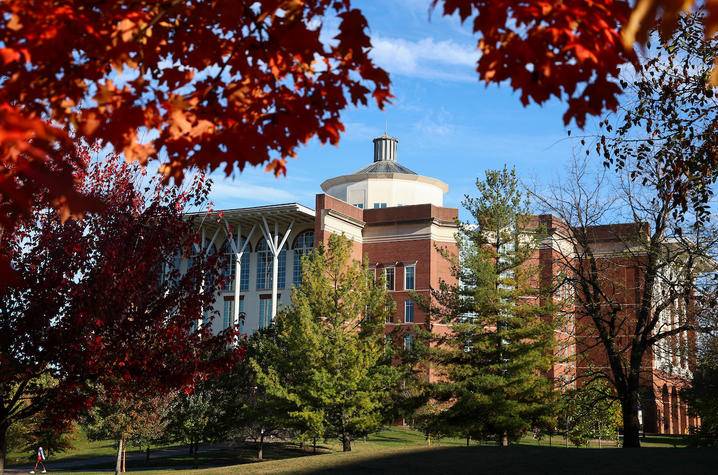 William T. Young library surrounded by fall leaves