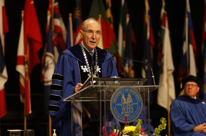 This is a photo of University of Kentucky President Eli Capilouto at Commencement. 