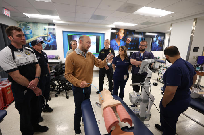 Blake Davidson, M.D., training local EMS and physicians airway techniques at the UK HealthCare Simulation Center. Carter Skaggs | UK Photo