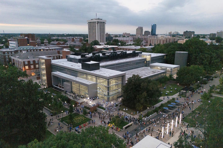 This is a photo of the University of Kentucky campus in the evening. 