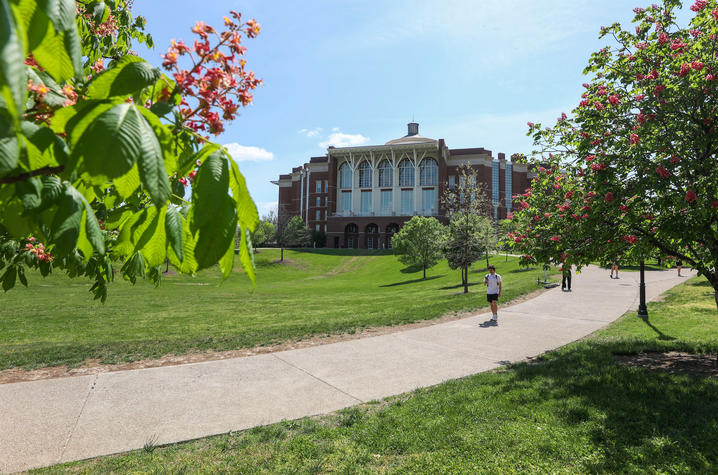 University of Kentucky campus building framed by flowering trees with pedestrians walking along a curved path on a sunny day.