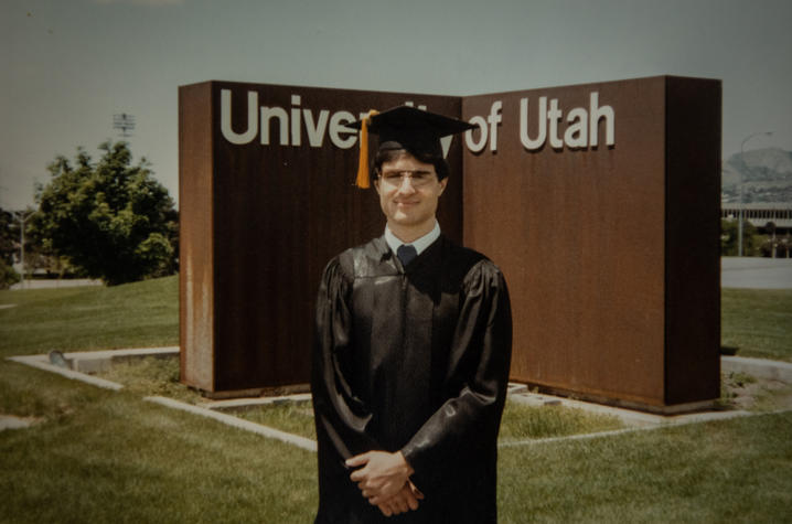 This is a photo of UK Provost and Co-Executive Vice President for Health Affairs Robert DiPaola in front of a University of Utah sign.