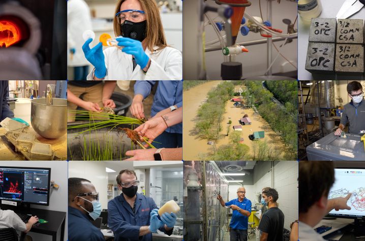 a collage of pictures shows a variety of research at UK from coal related work to agriculture to flooding to concrete and cements