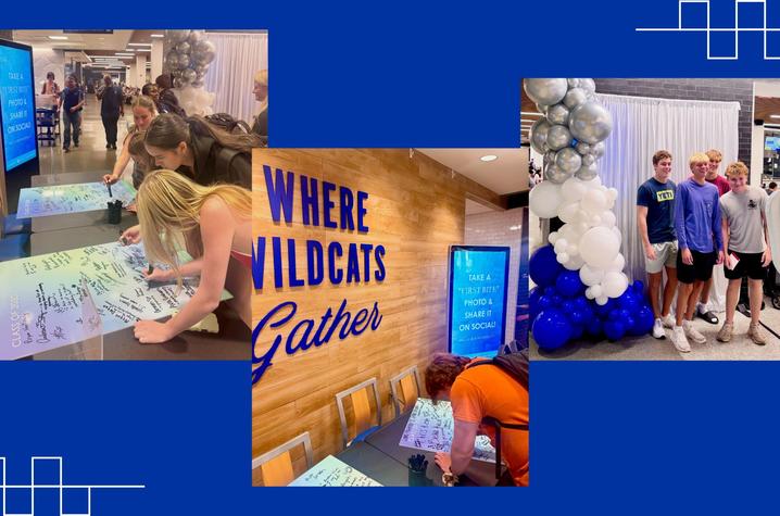 UK Hospitality Love at First Bite event Three event photos on a blue background show attendees exploring displays, posing near a balloon decoration, and writing messages on a wall with the words “Where Wildcats Gather.”