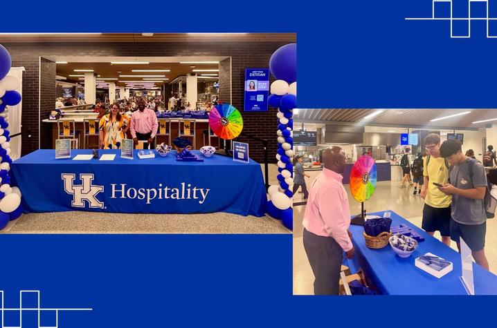 UK Hospitality Love at First Bite event Two event photos on a blue background show attendees at a UK Hospitality information table and visitors speaking with representatives at a display booth.